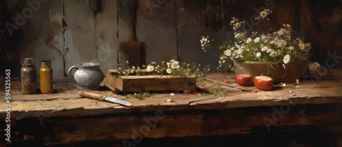 Still life with vase of dandelion wildflowers on an old wooden table - Ai generated