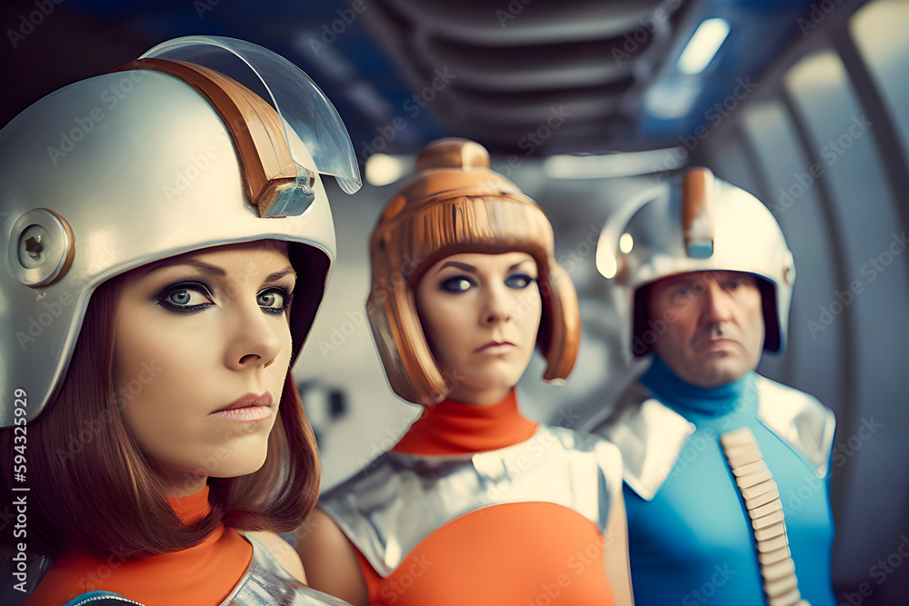 Vintage photo of people wearing retro futuristic costumes reminiscent