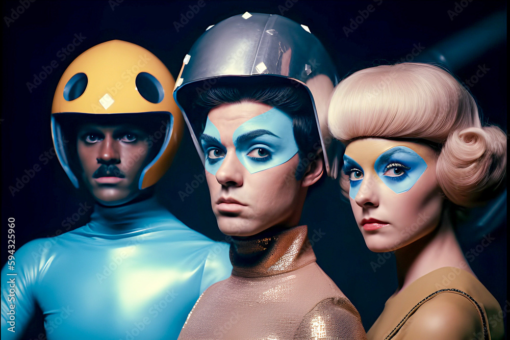 Vintage photo of people wearing retro futuristic costumes reminiscent