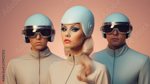 Vintage photo of people wearing retro futuristic costumes reminiscent of sci-fi TV shows of 1960s - 1970s era. AI generated illustration. photo