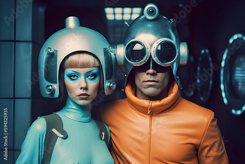 Vintage photo of people wearing retro futuristic costumes reminiscent of sci-fi TV shows of 1960s - 1970s era.