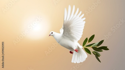 White pigeon with olive branch on beige background. International Peace Day Concept, Generative AI