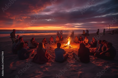 A captivating image of a sunset beach bonfire gathering  where friends and loved ones come together to celebrate the magic of a warm summer evening  Generative AI 