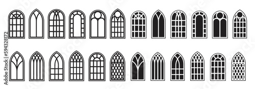 Gothic windows outline set. Silhouette of vintage stained glass church frames. Element of traditional european architecture. Vector
