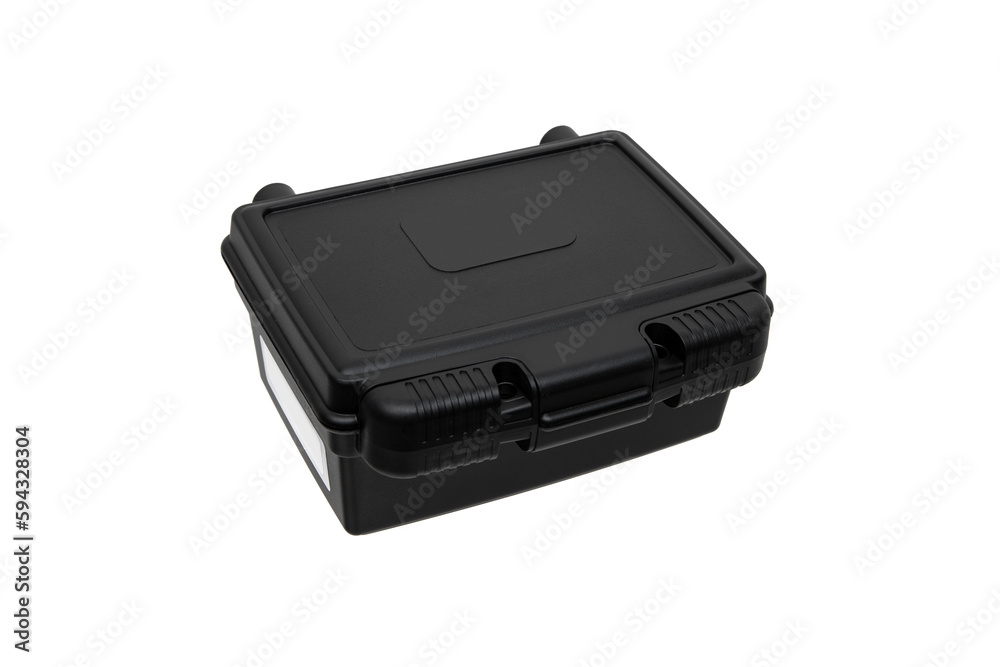 Black plastic container with foam inside for safe storage and transportation of fragile and expensive items. Sturdy plastic case. Isolate on a white back. Black plastic container with foam inside for safe storage and transportation of fragile and expensive items. Sturdy plastic case. Isolate on a white back.