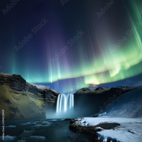 fantasy northern lights over a waterfall at night in a beautiful landscape 