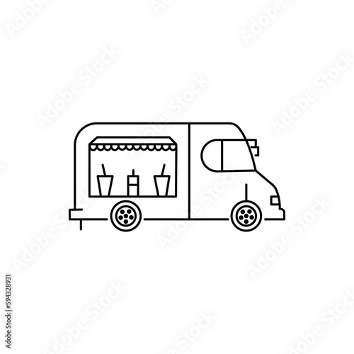 Street food truck icon template. Vector line trade van illustration. Mobile cafe car logo background. Festival shop transport to cook and sell meals
