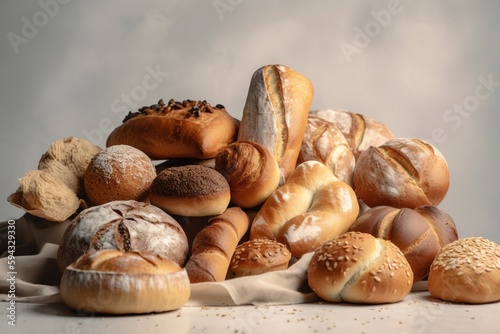  a pile of different types of breads on a white tablecloth with a gray background and a gray background behind it, with a few different types of breads on the tablecloth. generative ai