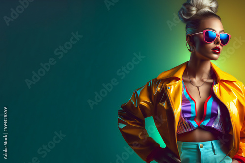 fashion woman colorful, the bold eclectic fashion styles of the Y2K era. dressed in the latest fashion trends of the time, including chunky shoes, low-rise pants, crop tops, and oversized sunglasses photo