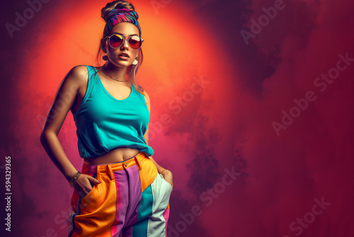 fashion woman colorful, the bold eclectic fashion styles of the Y2K era. dressed in the latest fashion trends of the time, including chunky shoes, low-rise pants, crop tops, and oversized sunglasses