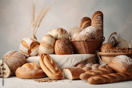  a bunch of breads and loaves on a white tablecloth with a basket of wheat in the middle of the table and a bunch of loaves of loaves. generative ai