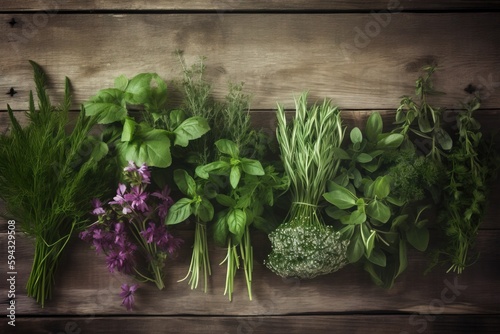  a bunch of different types of herbs on a wooden surface with a purple flower in the middle of the picture and a green leafy plant in the middle of the picture. generative ai