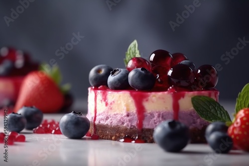 a cheesecake with berries and blueberries on a white table with a grey background and a few more berries on the side of the cake.  generative ai