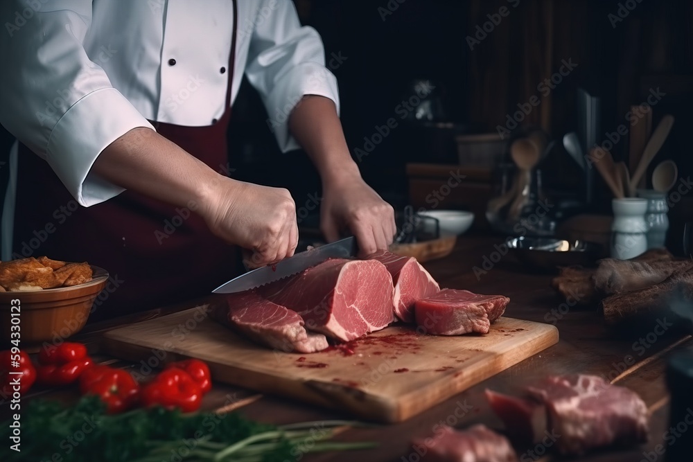  a person in a chef's uniform cutting meat on a wooden cutting board with a knife and a bowl of tomatoes and other ingredients.  generative ai