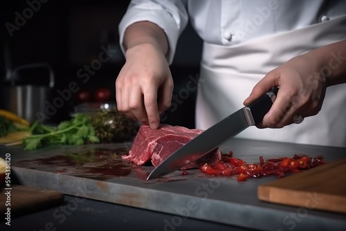 a person cutting meat on a cutting board with a knife and tomatoes on the side of the cutting board and a knife in the middle of the cutting board.  generative ai photo