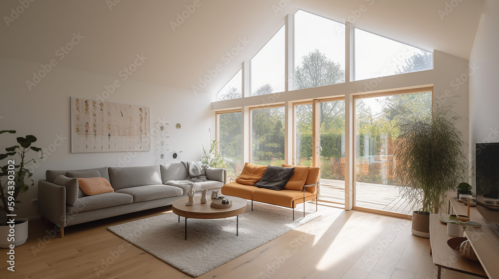 Fototapeta premium A living room of a beautiful bright modern Scandinavian style house with large windows opening, generative AI