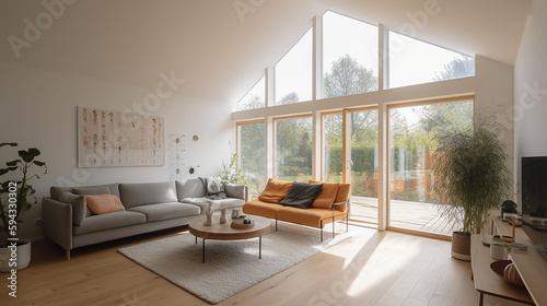  A living room of a beautiful bright modern Scandinavian style house with large windows opening, generative AI © TimosBlickfang