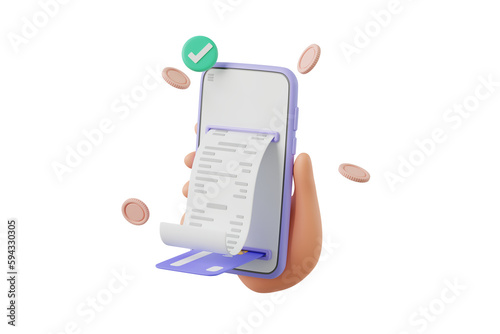 3D cartoon hand holding smartphone and credit card with bill payment, business finance and online shopping concept, 3D render illustration