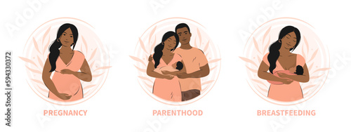 Set of pregnancy, breastfeeding and motherhood concept illustrations. Woman feeding baby, parents with child. Vector illustration.