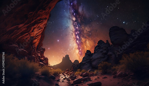 beautiful nebula galaxy mountains view night landscape new quality stock image nature illustration desktop wallpaper design, Generative AI