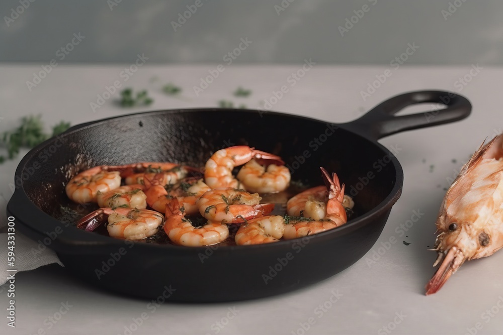  a skillet with shrimp and a piece of parsley on the side of the skillet and a piece of parsley on the other side of the skillet.  generative ai