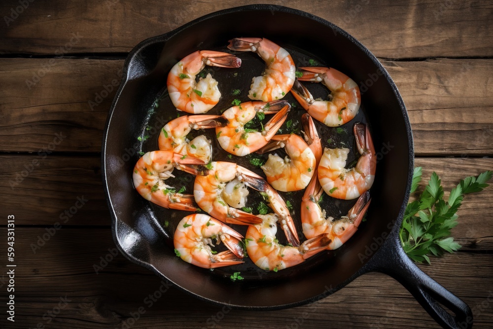 a skillet filled with cooked shrimp and garnished with parsley on a wooden table with parsley on the side of the skillet. generative ai a skillet filled with cooked shrimp and garnished with parsley on a wooden table with parsley on the side of the skillet. generative ai