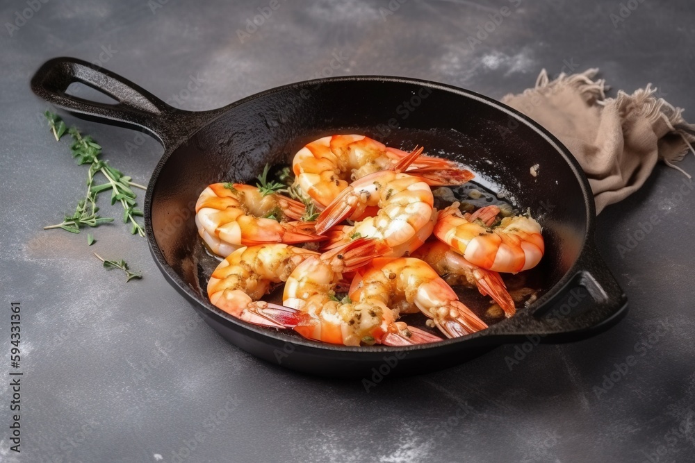 a pan filled with cooked shrimp and garnished with parsley on a gray surface with a napkin and a cloth on the side. generative ai a pan filled with cooked shrimp and garnished with parsley on a gray surface with a napkin and a cloth on the side. generative ai
