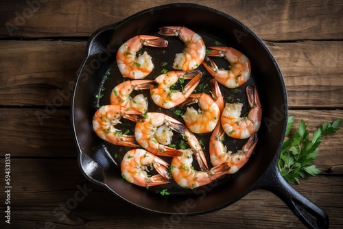  a skillet filled with cooked shrimp and garnished with parsley on a wooden table with parsley on the side of the skillet. generative ai
