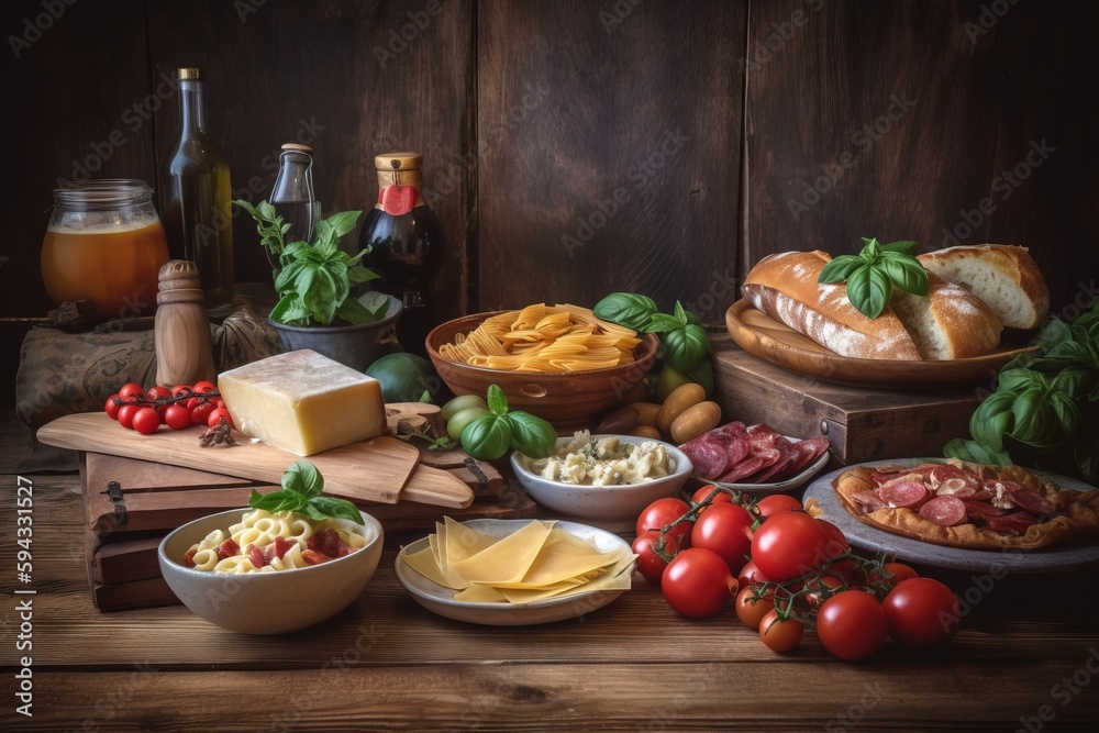  a table topped with lots of different types of food and wine bottles on top of a wooden table next to bread and cheeses and other foods.  generative ai