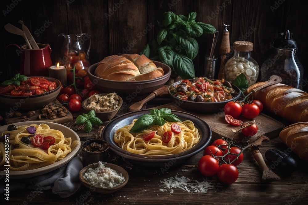  a table topped with lots of different types of pasta and breads on top of a wooden table next to breads and bread rolls.  generative ai