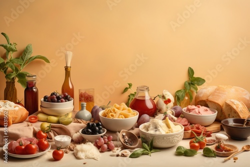  a table topped with lots of different types of food and condiments on top of a white tablecloth covered in fruit and veggies. generative ai