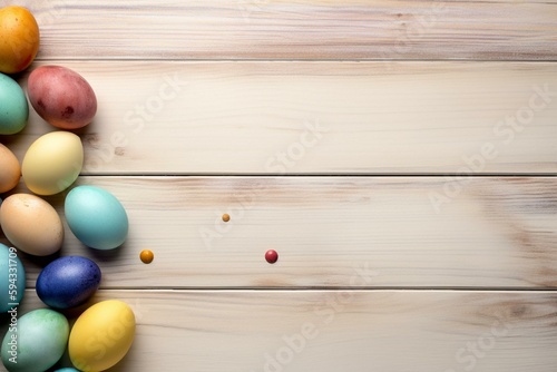 Colorful Easter egg top border. Overhead view on a light wood banner background. Copy space. Generative AI