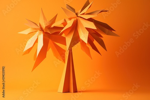  a paper sculpture of a palm tree on an orange background with room for text or image to be placed in the center of the image.  generative ai