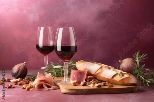  two glasses of red wine and some food on a board with nuts and a piece of bread on a pink surface with a red background.  generative ai