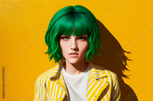 Young woman with green hair in jacket. Portrait of beautiful female with bright image. Generative AI.