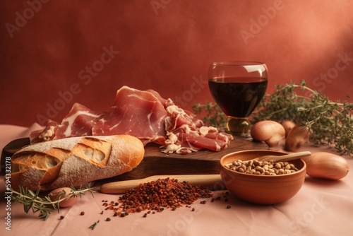  a table topped with bread, meat, and other foods next to a glass of red wine and a bottle of wine on top of a table.  generative ai