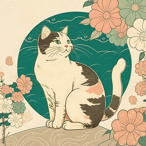 cat with flowers japanese art style  generative ai