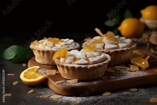  a couple of lemon pies sitting on top of a cutting board next to some lemons and a knife on a cutting board with some lemons on the side. generative ai