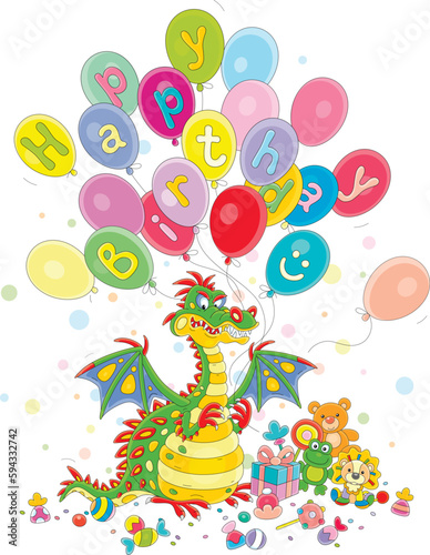 Birthday card with a fumy mythological fire-breathing dragon holding colorful balloons among holiday gifts  toys and sweets  vector cartoon illustration on a white background