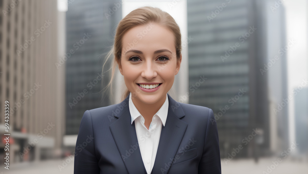 Portrait of young elegant woman in suit on blurred city background. Copy space. Business concept. Generative AI Portrait of young elegant woman in suit on blurred city background. Copy space. Business concept. Generative AI