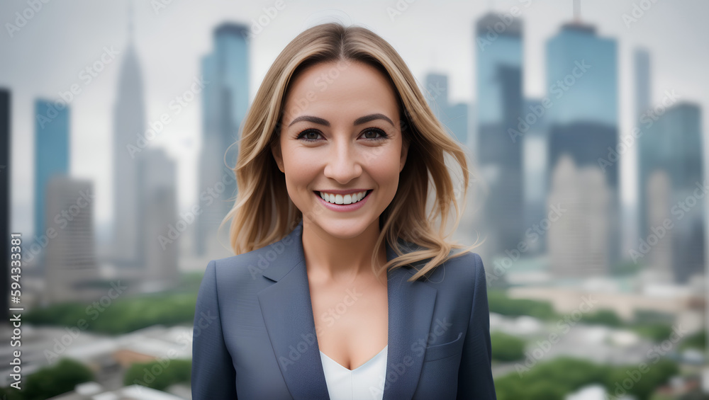 Portrait of happy businesswoman with blond hair in grey suit on blurred city skyscrapers background. Copy space. Business concept. Generative AI Portrait of happy businesswoman with blond hair in grey suit on blurred city skyscrapers background. Copy space. Business concept. Generative AI