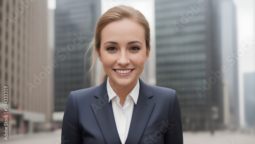 Portrait of young elegant woman in suit on blurred city background. Copy space. Business concept. Generative AI