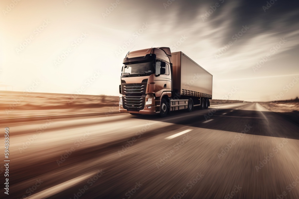 a semi truck driving down a highway in the middle of the day with a blurry image of the front of the truck and the truck.  generative ai