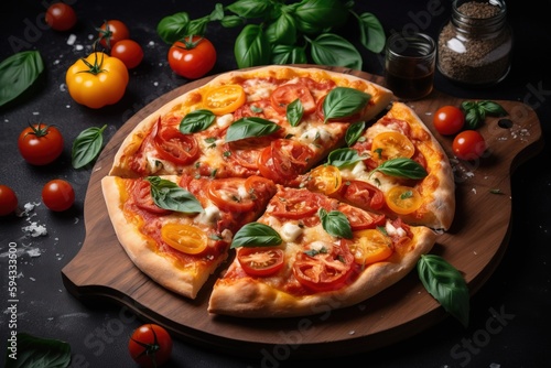  a pizza with tomatoes and basil on a cutting board next to a bottle of beer and some tomatoes on a table with basil and tomatoes. generative ai