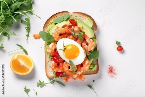 Wallpaper Mural  a sandwich with eggs, tomatoes, avocado, and lettuce on a white surface next to a slice of orange and a sprig of parsley.  generative ai Torontodigital.ca