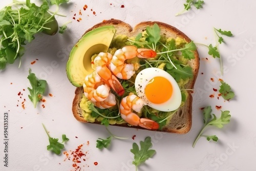  a sandwich with shrimp, avocado, and an egg on top of it with lettuce and tomato on top of it. generative ai