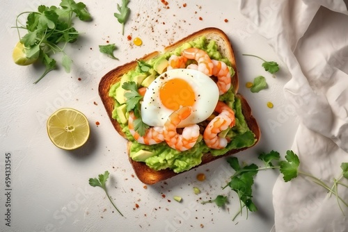  a toast with shrimp, avocado, and an egg on it next to a lemon slice and garnish on a white surface. generative ai