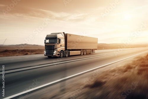  a semi truck driving down a highway in the desert with a windmill in the background at sunset or sunrise or sunset, with a blurry effect. generative ai