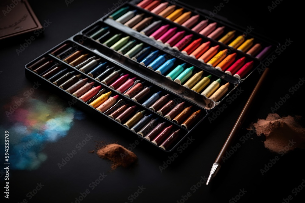 a box of colored crayons next to a pencil and a box of colored crayons on a black table with a lighter. generative ai a box of colored crayons next to a pencil and a box of colored crayons on a black table with a lighter. generative ai