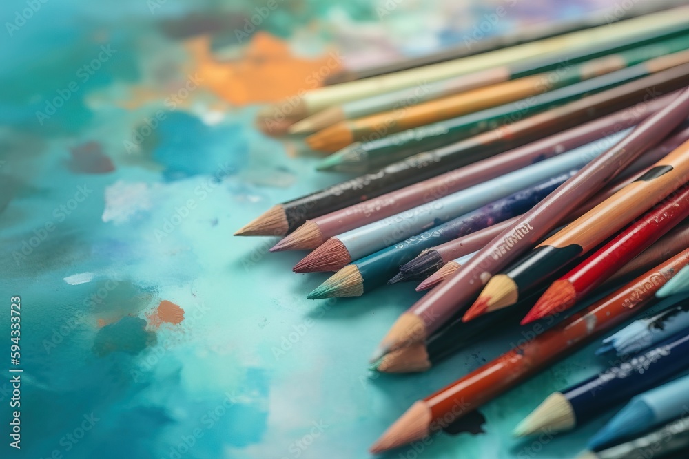  a group of colored pencils sitting on top of a blue table top next to a blue and green background with a blue sky in the background.  generative ai